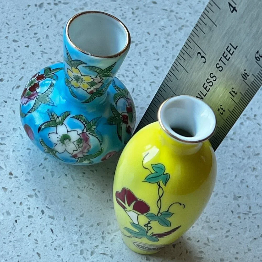 Miniature Japan Porcelain Vases Set Of 2 Yellow & Blue Floral Design vintage